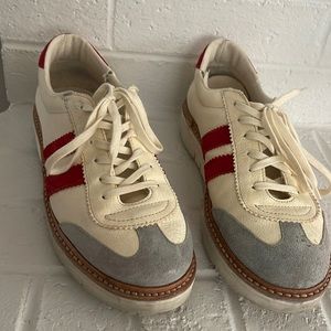 Made in Italy, cream red stripe gray suede front sneakers